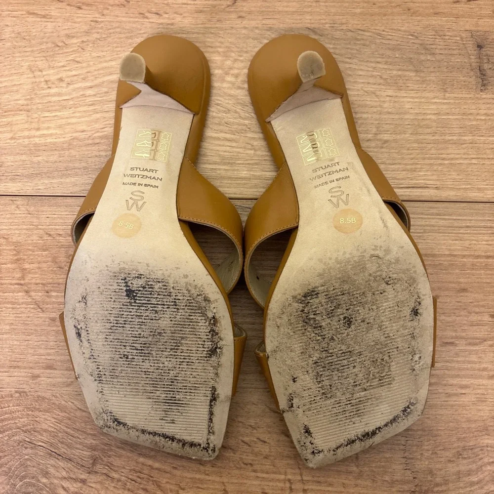 STUART WEITZMAN Dayna Sandal Heels Size 8.5 Macchiato Tan‎ Leather Square Toe - Picture 10 of 11